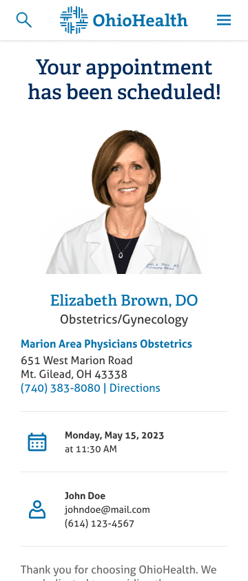 Redesigned mobile appointment confirmation screen with provider, location, and appointment details
