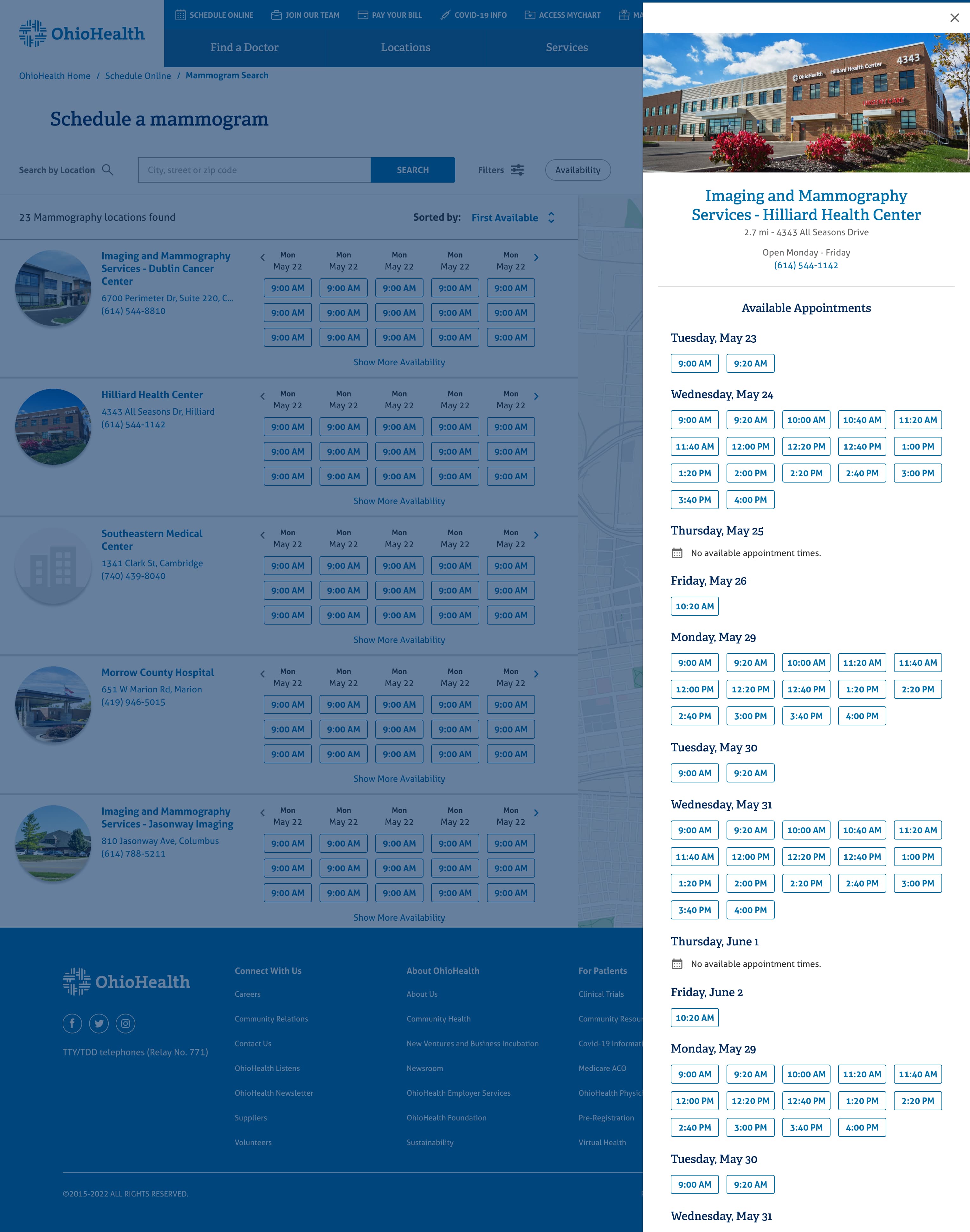 Redesigned mammography scheduling flow with inline availability and an expanded appointment picker
