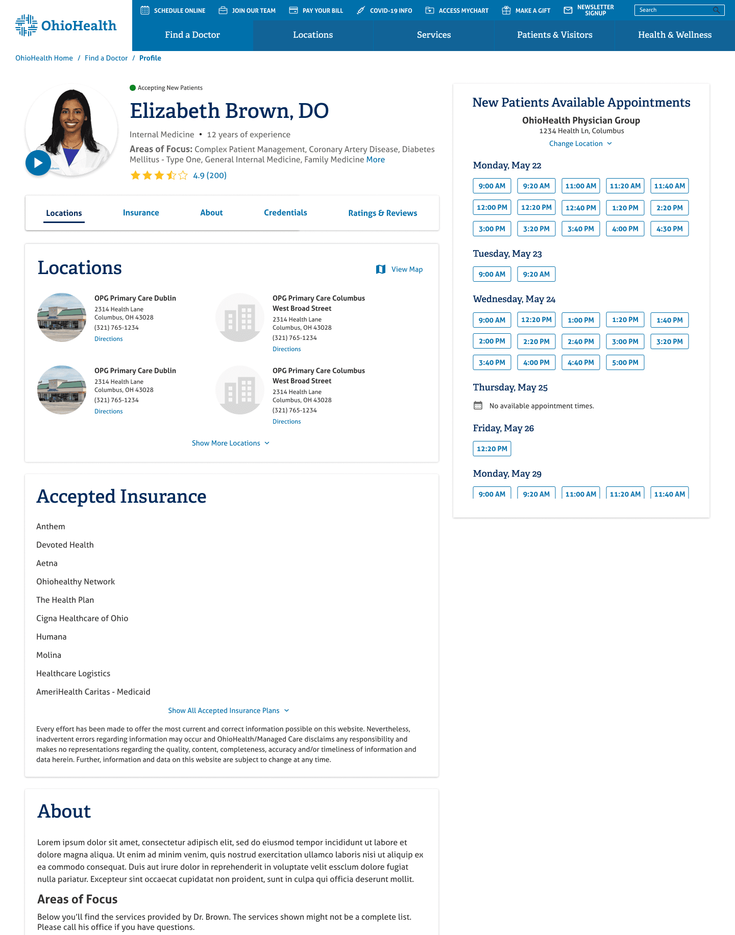 Redesigned provider profile with tabbed sections and a live available-appointments panel