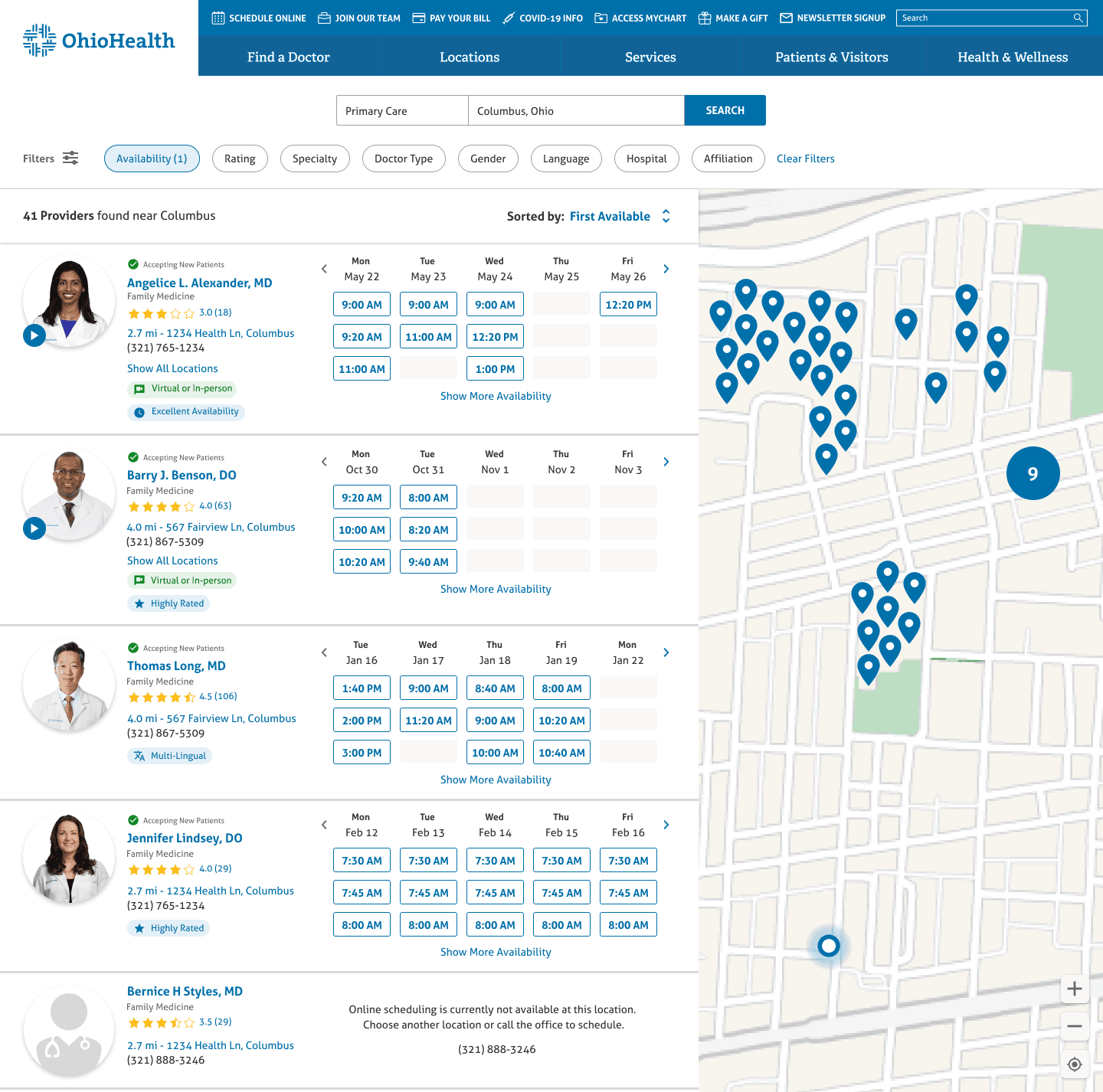 Redesigned Find-A-Doctor results page showing provider cards with inline availability and a location map