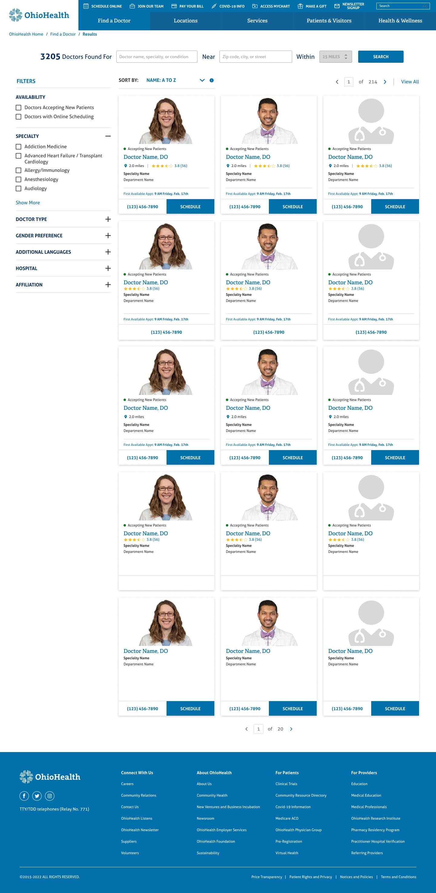 Old Find-A-Doctor results page listing providers with placeholder photos and no visible availability