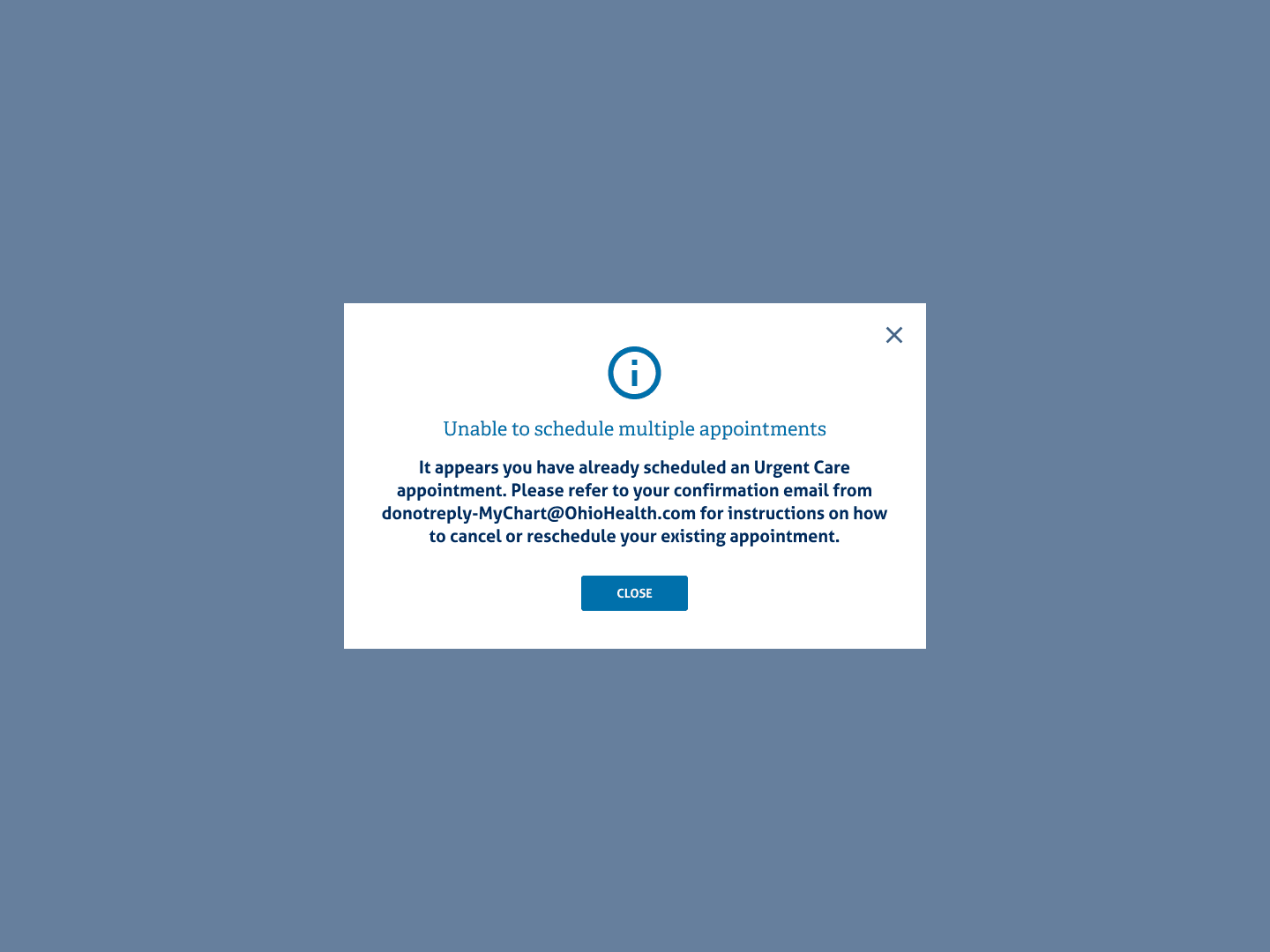 Modal informing a patient they are unable to schedule multiple same-day Urgent Care appointments