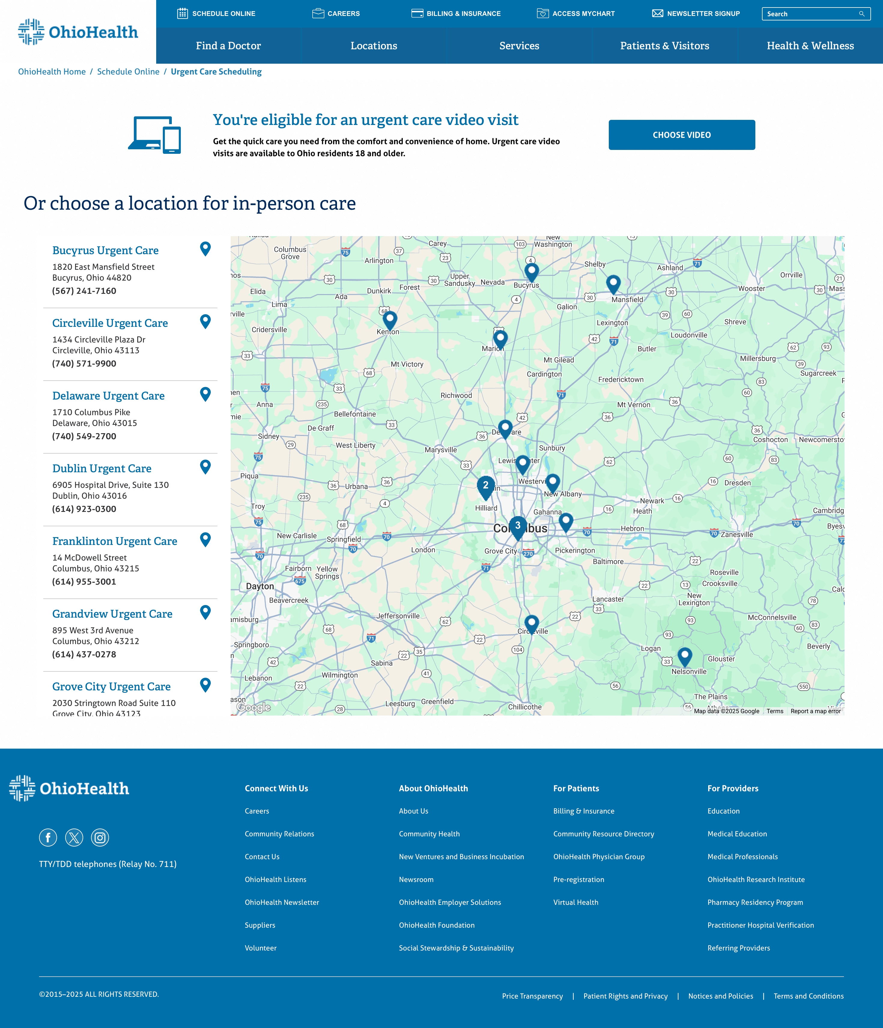 Urgent Care scheduling page showing a map and list of in-person locations to choose from